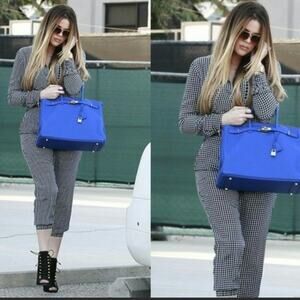 Theory Daranda Silk Jumpsuit Navy White Windowpane Wide Leg Designer Chic Sz 6